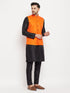 Vastramay Men's Orange Matka Silk Nehru Jacket With Black Silk Blend Kurta and Pant style Pyjama Set